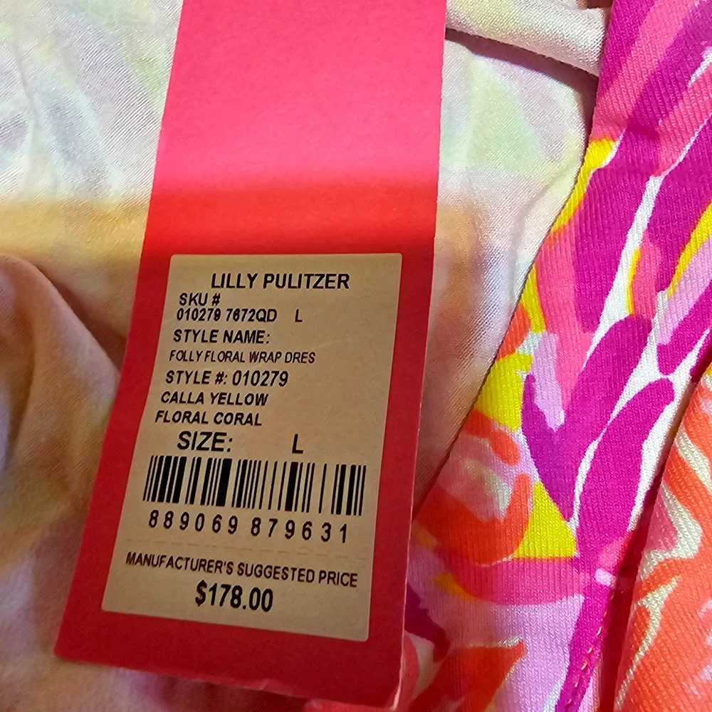 Lilly Pulitzer Folly Floral Wrap Dress Calla Yellow Floral Coral Sleeveless Sz L - Picture 6 of 12